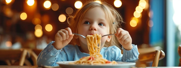 Una niña feliz comiendo deliciosa pasta en la mesa de la cocina