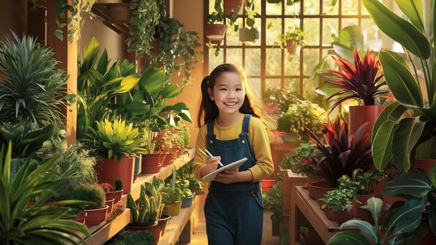 Foto una niña feliz comprando plantas en una tienda de verduras planeando rediseñar su patio trasero