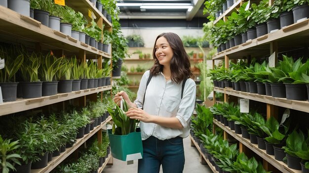 Foto una niña feliz comprando plantas en una tienda de verduras planeando rediseñar su patio trasero