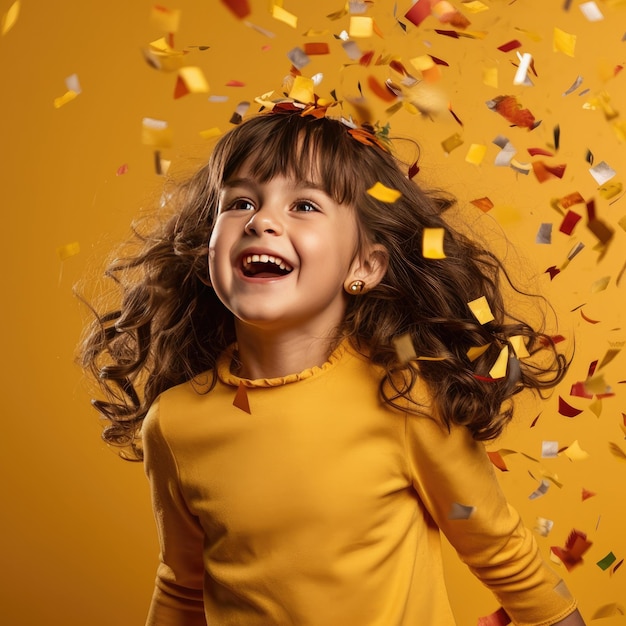 Niña feliz de cumpleaños con confeti en fondo de color IA generativa