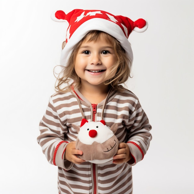 Niña feliz con disfraz de Navidad sobre fondo blanco AI Generative