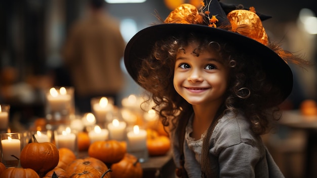 niña feliz disfrazada de bruja