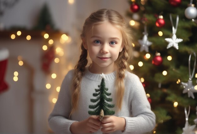 Niña feliz disfrazada de Papá Noel decorando el árbol de Navidad en casaNiña feliz disfrazada de Papá Noel