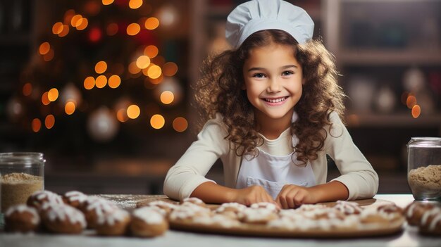 Niña feliz y divertida hornea galletas navideñas en una acogedora cocina en casa Diseño ai