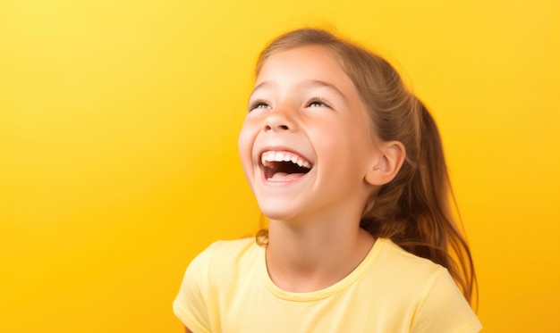 Niña feliz en un fondo amarillo brillante