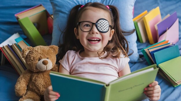 Foto niña feliz con gafas y parche ocular o ocluder ambliopía tratamiento ocular perezoso