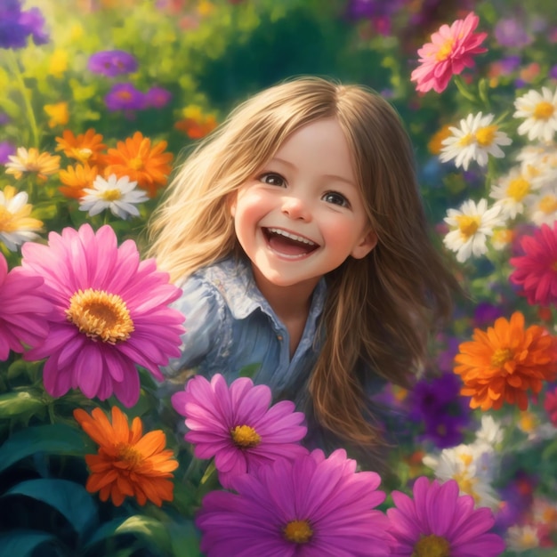 Una niña feliz jugando en el jardín generativo ai.