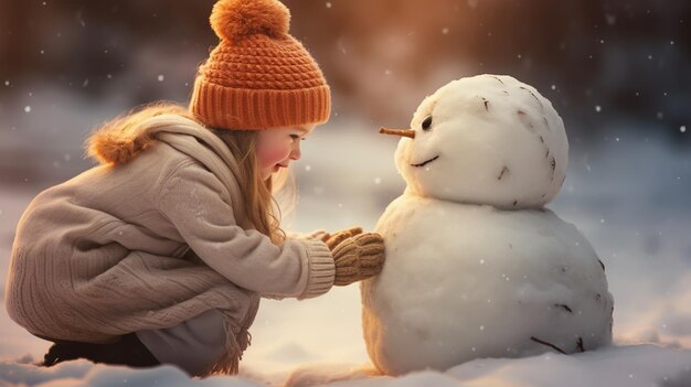 una niña feliz jugando con un muñeco de nieve en una caminata de invierno nevada