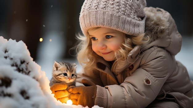 Foto una niña feliz jugando con un muñeco de nieve en una caminata de invierno nevada