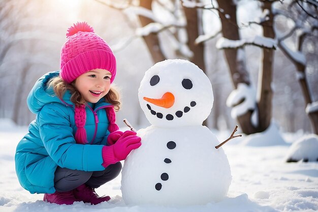 Niña feliz jugando con un muñeco de nieve en un paseo de invierno nevado