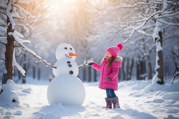 Foto niña feliz jugando con un muñeco de nieve en un paseo de invierno nevado