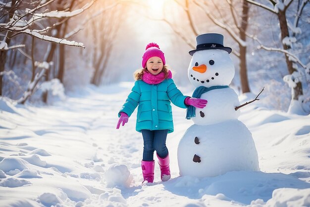 Niña feliz jugando con un muñeco de nieve en un paseo de invierno nevado