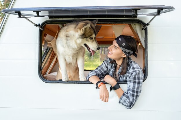 Niña feliz mirando perro husky en ventana abierta