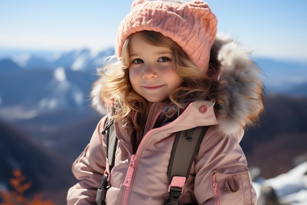 Una niña feliz con una mochila explora las montañas en verano Generative Ai