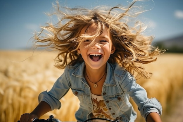 Niña feliz montando bicicleta Retrato de verano de un niño sonriente con el pelo largo aprendiendo a conducir bicicleta