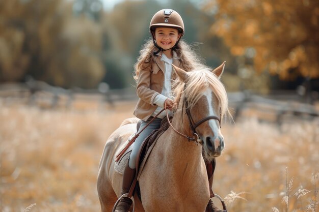 Una niña feliz montando un caballo Generativo Ai