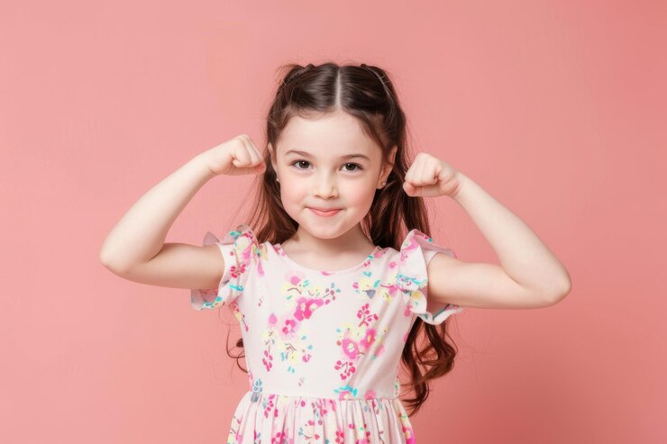 Niña feliz mostrando músculos con ambos brazos levantados usando un vestido floral contra un fondo rosa