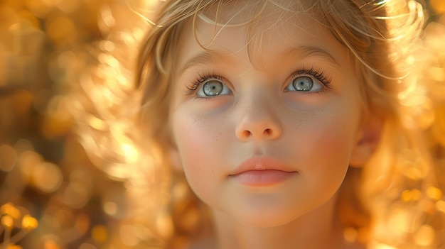 Una niña feliz con ojos azules y cabello rubio está mirando hacia el cielo
