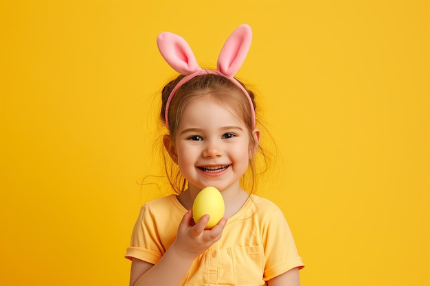 Foto niña feliz con orejas de conejo sosteniendo huevo de pascua de color contra un fondo amarillo