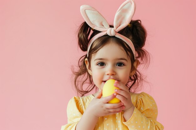 Niña feliz con orejas de conejo sosteniendo huevo de Pascua de color contra un fondo rosa