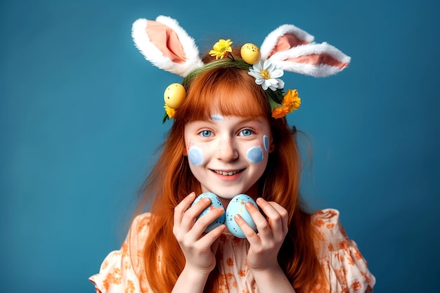 Niña feliz con orejas de conejo sosteniendo huevos de Pascua en la cara sobre fondo azul IA generativa