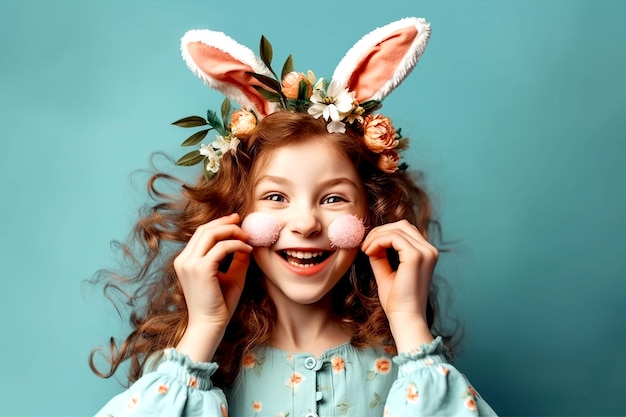 Niña feliz con orejas de conejo sosteniendo huevos de Pascua en la cara sobre fondo azul IA generativa
