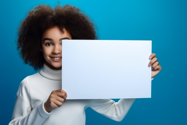 Una niña feliz con una pancarta en blanco en las manos.