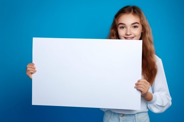 Una niña feliz con una pancarta en blanco en las manos.