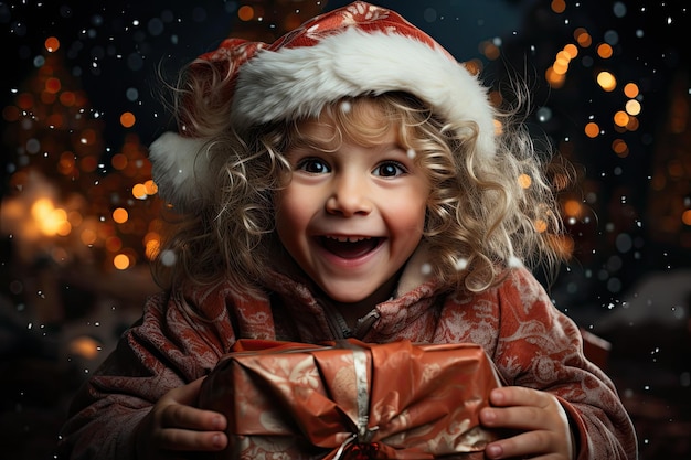 Niña feliz de pelo rizado con regalo de Navidad en el fondo bokeh Primer plano