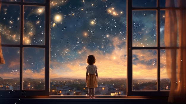 Foto una niña feliz de pie en una gran ventana y mirando las estrellas en el cielo con soñadora e imaginativa hermosa ia generativa aig32