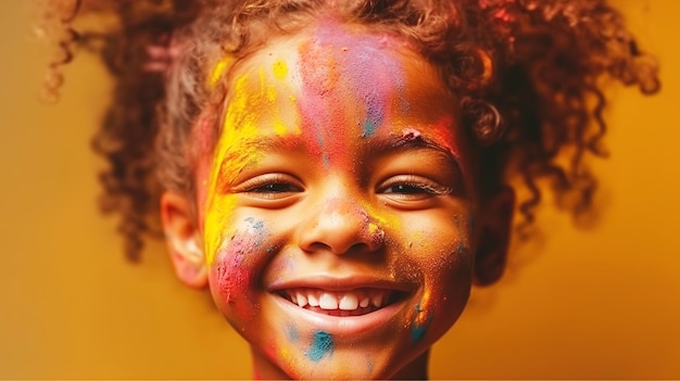 Niña feliz con pintura colorida en su cara generativa ai