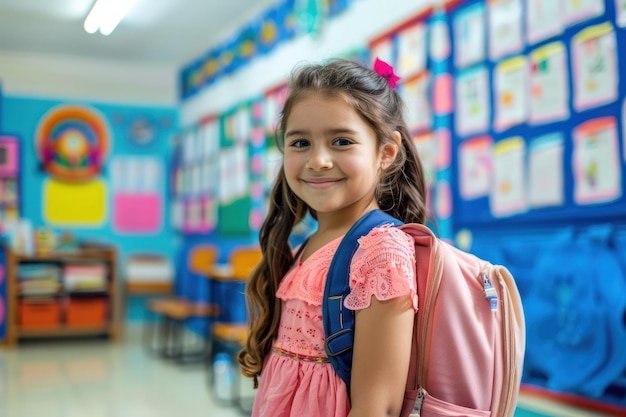 Foto niña feliz posa con mochila en el aula