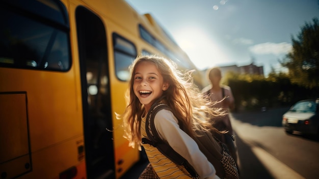 Foto una niña feliz de primaria subiendo al autobús escolar.