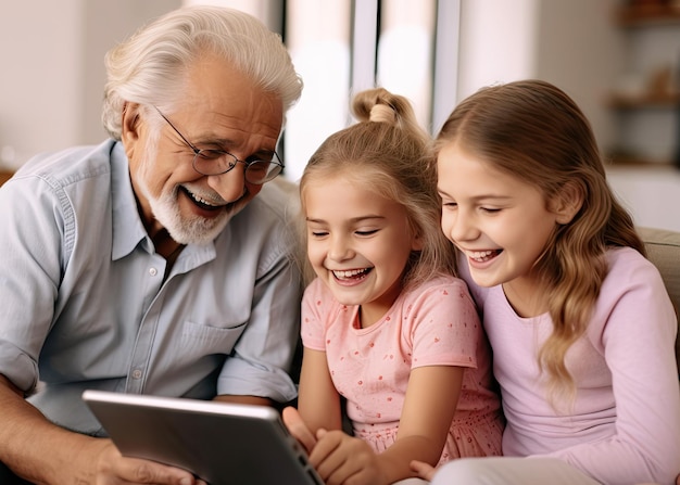 Niña feliz recibiendo un regalo de Navidad de su abuelo Hombre mayor abrazando a su nieta sosteniendo una tableta Ilustración generativa de IA