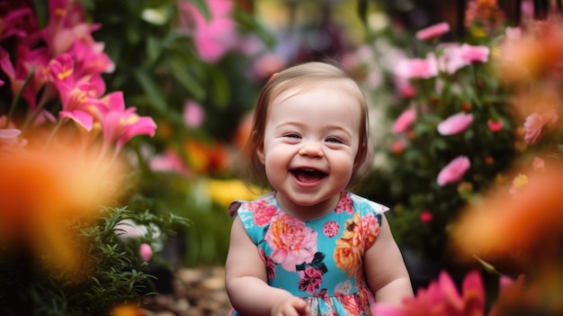 Niña feliz con síndrome de down caminando en un jardín de flores