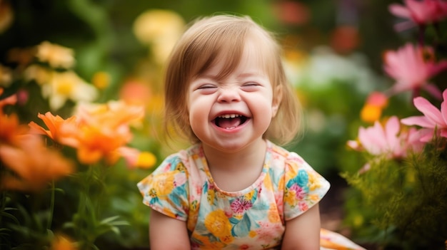 Niña feliz con síndrome de down caminando en un jardín de flores