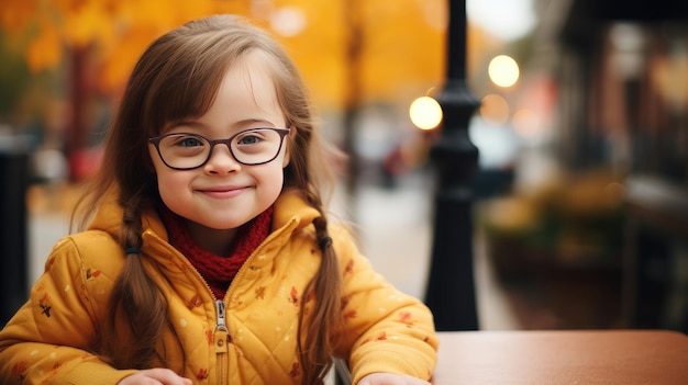 Foto niña feliz con síndrome de down derriba barreras y promueve la idea de que todos merecen respeto, oportunidades y felicidad independientemente de su capacidad.