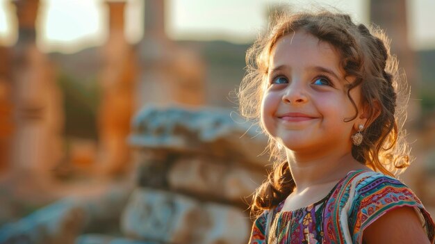 Niña feliz con sombrero de sol sonriendo para la cámara en el paisaje pintoresco aig