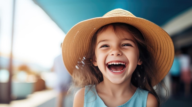 Una niña feliz con sombrero sonriendo mientras su cabello se desarrolla en el viento Creado con tecnología de IA generativa