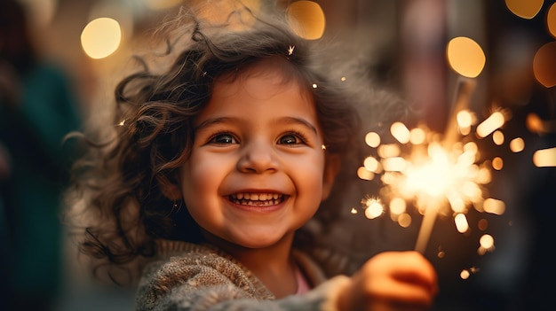 Niña feliz sonriendo en vacaciones con una chispa en las manos Retrato de un niño Atmósfera de celebración