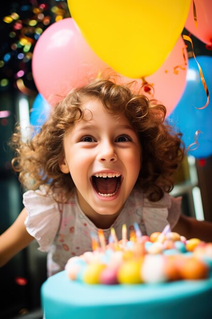 Una niña feliz y sonriente celebra su cumpleaños.