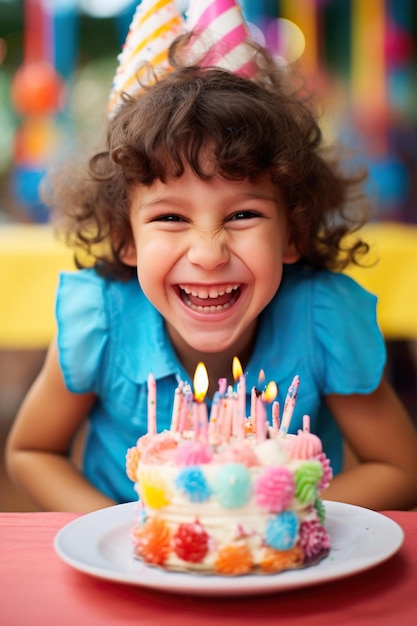 Una niña feliz y sonriente celebra su cumpleaños.