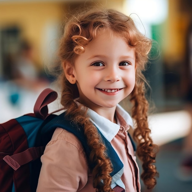 Niña feliz y sonriente que lleva una mochila con ropa informal para volver a la escuela Linda chica Gett