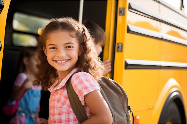 Niña feliz y sonriente que lleva una mochila con ropa informal para volver a la escuela Linda chica Gett