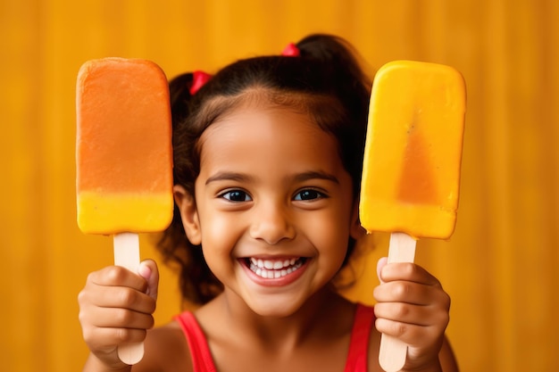 Niña feliz sosteniendo dos paletas heladas