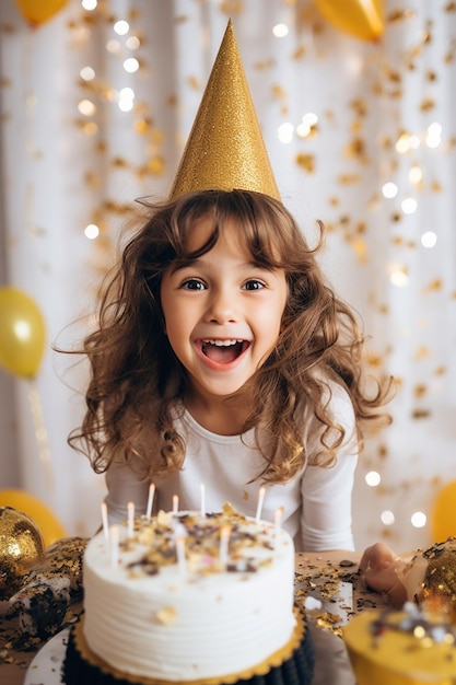 Niña feliz en su fiesta de cumpleaños con pastel y globos dorados