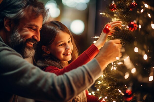 Una niña feliz y su padre decoran un árbol de navidad con una estrella con IA generativa