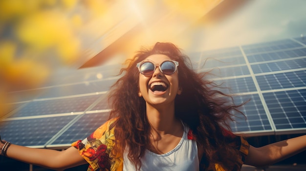 Foto niña feliz en el telón de fondo de un panel solar fuente alternativa de energía