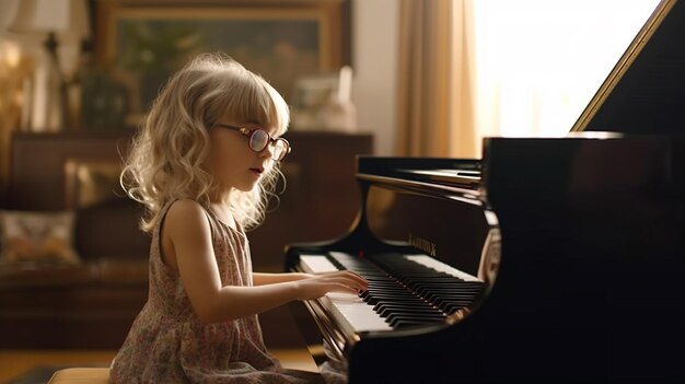 una niña feliz tocando el piano en la sala de estar