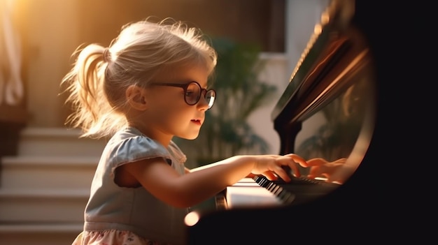 una niña feliz tocando el piano en la sala de estar